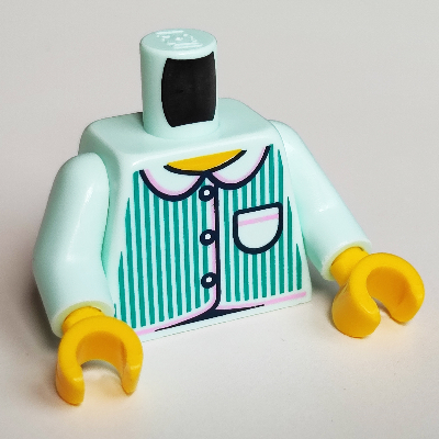 Visuel indicatif Rebrickable de Torse, chemise à rayures turquoise foncé et boutons noirs motif imprimé, bras vert d’eau clair, mains jaunes (Torso, Shirt with Dark Turquoise Stripes and Black Buttons Print, Light Aqua Arms, Yellow Hands)