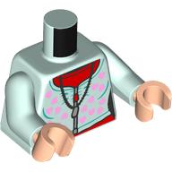 Visuel indicatif Rebrickable de Torse, pull, taches roses vives et fermeture éclair, sous-vêtement rouge, motif imprimé collier, bras vert d’eau clair, mains nougat clair (Torso, Sweater, Bright Pinks Spots and Zipper, Red Undershirt, Necklace Print, Light Aqua Arms, Light Nougat Hands)