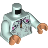 Torse, robe, fleurs magenta et noir, col, cou nougat motif imprimé, bras vert d’eau clair, mains nougat (Torso, Dress, Magenta and Black Flowers, Collar, Nougat Neck Print, Light Aqua Arms, Nougat Hands)