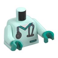 Torse, gommage médical, poche et col turquoise foncé, motif imprimé stéthoscope, bras vert d’eau clair, mains turquoise foncé (Torso, Medical Scrubs, Dark Turquoise Pocket and Collar, Stethoscope Print, Light Aqua Arms, Dark Turquoise Hands)