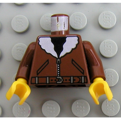 Visuel indicatif Rebrickable de Torse, bomber veste avec col blanc, ceinture et chemise noire motif imprimé, bras brun, mains jaunes (Torso, Bomber Jacket with White Collar, Belt, & Black Shirt Print, Brown Arms, Yellow Hands)