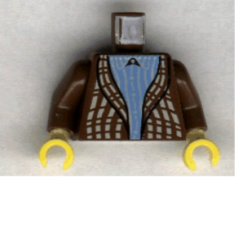 Visuel indicatif Rebrickable de Torse, pull cardigan sur chemise rayée bleue motif imprimé, bras bruns, mains jaunes (Torso, Cardigan Sweater over Blue Striped Shirt Print, Brown Arms, Yellow Hands)