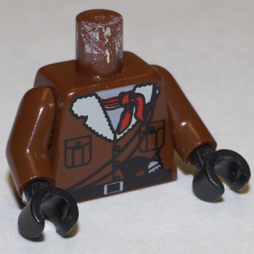 Visuel indicatif Rebrickable de Torse, veste, revers flous, bandana, ceinture de pistolet, poches motif imprimé, bras bruns, mains noires (Torso, Jacket, Fuzzy Lapels, Bandana, Gun Belt, Pockets Print, Brown Arms, Black Hands)