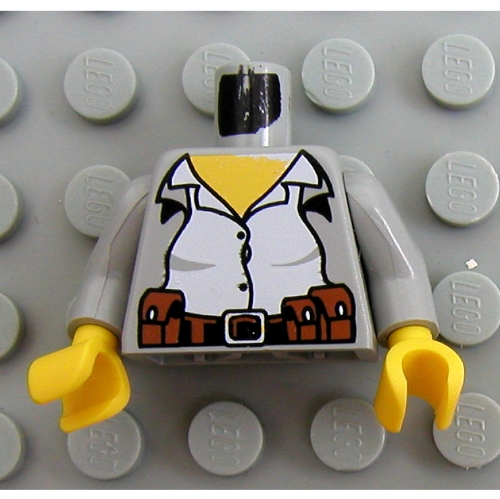 Visuel indicatif Rebrickable de Torse, veste sur chemise blanche, ceinture avec pochettes motif imprimé, bras gris clair, mains jaunes (Torso, Jacket over White Shirt, Belt with Pouches Print, Light Gray Arms, Yellow Hands)