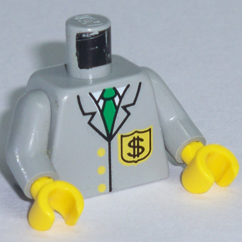 Torse, veste, avec cravate et dollar signe insigne de logo de la banque motif imprimé, bras gris clair, mains jaunes (Torso, Jacket, with Tie and Dollar Sign Bank Logo Badge Print, Light Gray Arms, Yellow Hands)