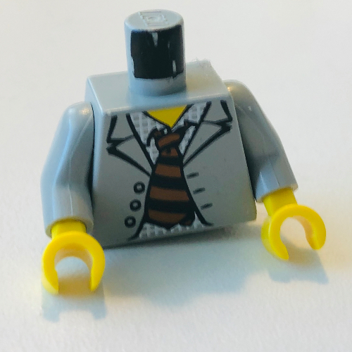 Visuel indicatif Rebrickable de Torse, costume avec chemise à carreaux et motif imprimé cravate rayée, bras gris clair, mains jaunes (Torso, Suit with Checkered Shirt and Striped Tie Print, Light Gray Arms, Yellow Hands)