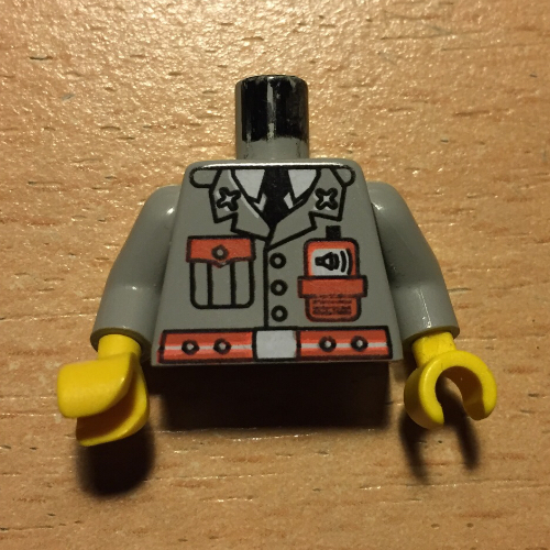 Visuel indicatif Rebrickable de Torse, veste feu avec poche et ceinture orange motif imprimé, bras gris clair, mains jaunes (Torso, Fire Jacket with Pocket and Orange Belt Print, Light Gray Arms, Yellow Hands)
