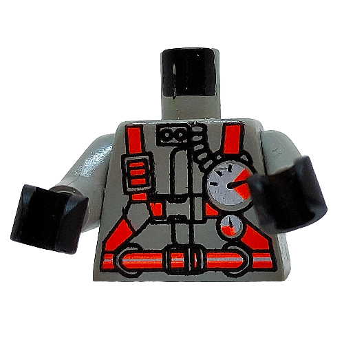 Visuel indicatif Rebrickable de Torse, chemise feu avec calibre et ceinture rouge motif imprimé, bras gris clair, mains noires (Torso, Fire Shirt with Gauge and Red Belt Print, Light Gray Arms, Black Hands)
