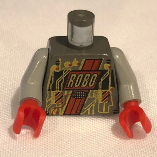 Visuel indicatif Rebrickable de Torse, circuit en or et motif imprimé 'ROBO' (roboforce), bras gris clair, mains rouges (Torso, Gold Circuitry and 'ROBO' Print (Roboforce), Light Gray Arms, Red Hands)
