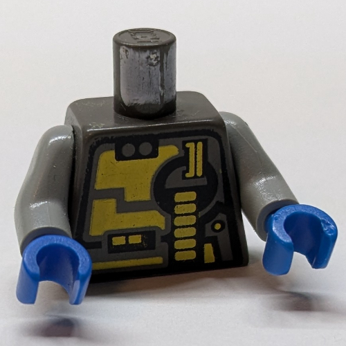 Visuel indicatif Rebrickable de Torse, jaune et noir Panneaux et circuit imprimé, bras gris clair, mains bleues (Torso, Yellow and Black Panels and Circuitry Print, Light Gray Arms, Blue Hands)