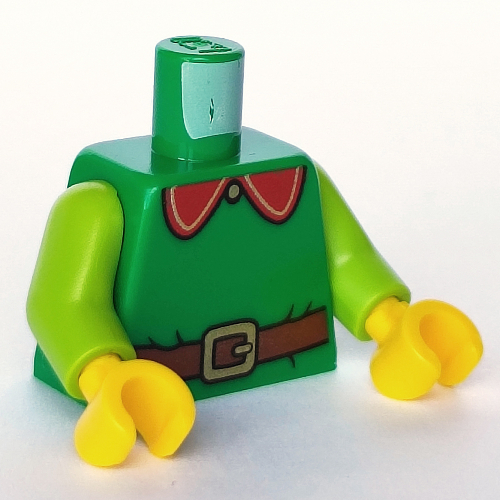 Visuel indicatif Rebrickable de Torse, veste avec grand col rouge arrondi, ceinture marron rougeâtre motif imprimé, bras vert citron, mains jaunes (Torso, Jacket with Large Rounded Red Collar, Reddish Brown Belt Print, Lime Arms, Yellow Hands)
