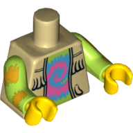 Visuel indicatif Rebrickable de Torse, gilet avec frange sur le dessus de la vert citron avec motif imprimé tourbillon rose et bleu, bras de vert citron avec motif imprimé jaune, mains jaunes (Torso, Vest with Fringe over Lime Top with Pink and Blue Swirl Print, Lime Arms with Yellow Print, Yellow Hands)