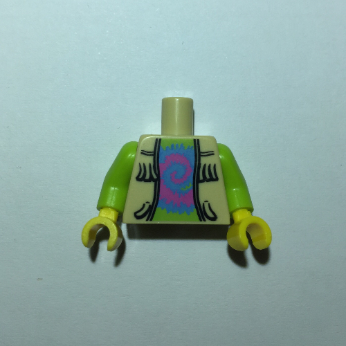 Torse, gilet avec frange sur le dessus de la vert citron avec motif imprimé tourbillon rose et bleu, bras vert citron, mains jaunes (Torso, Vest with Fringe over Lime Top with Pink and Blue Swirl Print, Lime Arms, Yellow Hands)