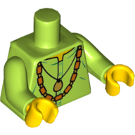 Visuel indicatif Rebrickable de Torse, chemise avec pendentif en or et collier de perles motif imprimé, bras vert citron, mains jaunes (Torso, Shirt with Gold Pendant and Bead Necklace Print, Lime Arms, Yellow Hands)