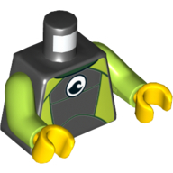 Torse, combinaison avec logo blanc, côtés vert citron / fermeture éclair avec cordon sur le dos motif imprimé, bras vert citron, mains jaunes (Torso, Wetsuit with White Logo, Lime Sides / Zipper with Cord on Back Print, Lime Arms, Yellow Hands)