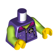 Torse, veste avec fermeture à glissière, logo OVNI, col rose foncé, motif imprimé gilet de vert citron, bras vert citron, mains jaunes (Torso, Jacket with Zipper, UFO Logo, Dark Pink Collar, Lime Vest Print, Lime Arms, Yellow Hands)