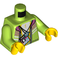 Torse, veste avec col magenta, ouvert sur la poitrine nue avec badge d'identification lanière, et motif imprimé collier d'étoiles, bras vert citron, mains jaunes (Torso, Jacket with Magenta Collar, Open over Bare Chest with Lanyard ID Badge, and Star Necklace Print, Lime Arms, Yellow Hands)