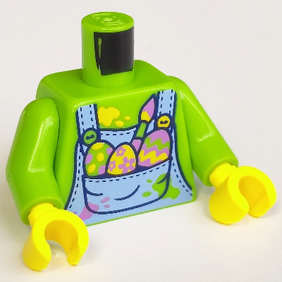 Visuel indicatif Rebrickable de Torse, salopette bleu clair vif, lavande moyen, taches de vert citron et orange vif, œufs peints, motif imprimé de pinceaux, bras vert citron, mains jaunes (Torso, Bright Light Blue Overall, Medium Lavender, Lime and Bright Orange Spots, Painted Eggs, Brushes Print, Lime Arms, Yellow Hands)