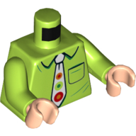 Visuel indicatif Rebrickable de Torse, chemise, cravate blanche avec motif imprimé de cercles de vert citron, rouge, orange et vert, bras vert citron, mains nougat clair (Torso, Shirt, White Tie with Lime, Red, Orange and Green Circles Print, Lime Arms, Light Nougat Hands)
