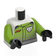 Torse, costume de course, vert citron/léger avant gris bleuté, motif imprimé loup blanc, bras vert citron, mains noires (Torso, Race Suit, Lime/Light Bluish Grey Front, White Wolf Print, Lime Arms, Black Hands)