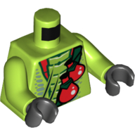 Visuel indicatif Rebrickable de Torse, serpent avec ceinture vert foncé et rouge flacons motif imprimé, bras vert citron, mains noires (Torso, Snake with Dark Green Belt and Red Vials Print, Lime Arms, Black Hands)