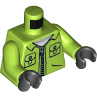 Visuel indicatif Rebrickable de Torse, veste avec poches et fermeture éclair, logo Joker sur le dos motif imprimé, bras vert citron, mains noires (Torso, Jacket with Pockets and Zipper, Joker Logo on Back Print, Lime Arms, Black Hands)