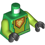 Visuel indicatif Rebrickable de Torse, armure avec circuit de vert citron et panneau avec tête de renard jaune clair vif sur motif imprimé Bouclier pentagonal orange, bras vert citron, mains noires (Torso, Armor with Lime Circuitry and Panel with Bright Light Yellow Fox Head on Orange Pentagonal Shield Print, Lime Arms, Black Hands)