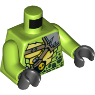 Visuel indicatif Rebrickable de Torse, coffre de serpent, taches vert foncé, sangles, potion avec motif imprimé crâne, bras vert citron, mains noires (Torso, Snake Chest, Dark Green Spots, Straps, Potion with Skull Print, Lime Arms, Black Hands)