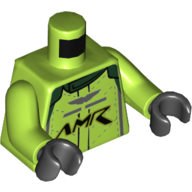 Visuel indicatif Rebrickable de Torse, veste de course, garniture gris bleuté foncé, motif imprimé logo 'AMR', bras vert citron, mains noires (Torso, Racing Jacket, Dark Bluish Gray Trim, 'AMR' Logo Print, Lime Arms, Black Hands)