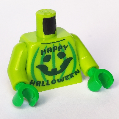 Visuel indicatif Rebrickable de Torse, chemise d'Halloween, texte vert foncé 'Happy Halloween', motif imprimé rayures vert vif, bras vert citron, mains vert vif (Torso, Halloween Shirt, Dark Green 'Happy Halloween' Text, Bright Green Stripes Print, Lime Arms, Bright Green Hands)