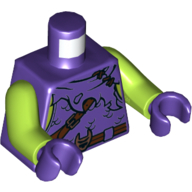 Torse, tunique, en lambeaux, écailles, ceinture brun rougeâtre, motif imprimé de manteau, bras vert citron, mains pourpre foncé (Torso, Tunic, Tattered, Scales, Reddish Brown Belt, Cloak Print, Lime Arms, Dark Purple Hands)