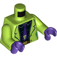 Visuel indicatif Rebrickable de Torse, veste, chemise noire, ceinture, motif : cravate pourpre avec inscription '?', bras vert citron, mains pourpre foncé (Torso, Jacket, Black Shirt, Belt, Purple Tie with '?' Print, Lime Arms, Dark Purple Hands)
