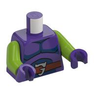 Visuel indicatif Rebrickable de Torse, tunique, ceinture brun rougeâtre, motif imprimé bord bleu foncé, bras vert citron, mains pourpre foncé (Torso, Tunic, Reddish Brown Belt, Dark Blue Trim Print, Lime Arms, Dark Purple Hands)
