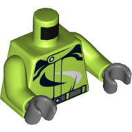 Torse, costume de course avec ceinture gris bleuté foncé et tourbillons noir et blanc motif imprimé, bras vert citron, mains gris bleuté foncé (Torso, Race Suit with Dark Bluish Gray Belt and Black and White Swirls Print, Lime Arms, Dark Bluish Gray Hands)