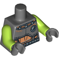 Visuel indicatif Rebrickable de Torse, armure combinaison spatiale avec 'SHAMI' et argent ceinture motif imprimé, bras vert citron, mains gris bleuté foncé (Torso, Armor Spacesuit with 'SHAMI' and Silver Belt Print, Lime Arms, Dark Bluish Gray Hands)