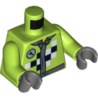 Torse, veste de course avec clé et motif imprimé à damier noir et blanc, bras vert citron, mains gris bleuté foncé (Torso, Race Jacket with Wrench and Black and White Checkered Print, Lime Arms, Dark Bluish Gray Hands)