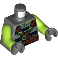 Torse, chemise avec rayures noires, bretelles croisées marron rougeâtre avec bouteilles rondes vert citron, ceinture marron rougeâtre avec pochettes motif imprimé, bras vert citron, mains gris bleuté foncé (Torso, Shirt with Black Stripes, Reddish Brown Cross Straps with Lime Round Bottles, Reddish Brown Belt with Pouches Print, Lime Arms, Dark Bluish Gray Hands)