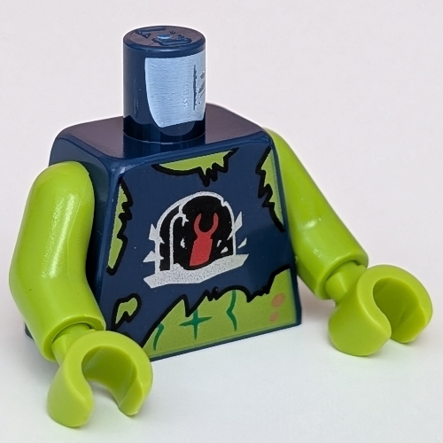 Visuel indicatif Rebrickable de Torse, gilet, en lambeaux, pierre tombale avec main minifigurine rouge, motif imprimé corps de vert citron, bras et mains vert citron (Torso, Vest, Tattered, Gravestone with Red Minifig Hand, Lime Body Print, Lime Arms and Hands)