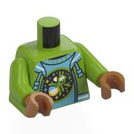 Visuel indicatif Rebrickable de Torse, veste, fermeture éclair bleu sable, col, chemise azur moyen, vert citron alien sur motif imprimé cercle noir, bras vert citron, mains nougat moyen (Torso, Jacket, Sand Blue Zipper, Collar, Medium Azure Shirt, Lime Alien on Black Circle Print, Lime Arms, Medium Nougat Hands)