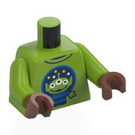 Visuel indicatif Rebrickable de Torse, Toy Story Alien en cercle bleu, fond bleu foncé motif imprimé, bras vert citron, mains brun moyen (Torso, Toy Story Alien in Blue Circle, Dark Blue Background Print, Lime Arms, Medium Brown Hands)