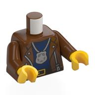 Torse, veste, fermeture à glissière, insigne de police en argent sur collier, chemise bleu foncé, motif : ceinture noire, bras brun rougeâtre, mains jaunes (Torso, Jacket, Zipper, Silver Police Badge on Necklace, Dark Blue Shirt, Black Belt Print, Reddish Brown Arms, Yellow Hands)