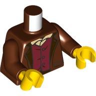Torse, veste, chemise boutonnée rouge foncé, chemise beige motif imprimé, bras brun rougeâtre, mains jaunes (Torso, Jacket, Dark Red Buttoned Shirt, Tan Shirt Print, Reddish Brown Arms, Yellow Hands)