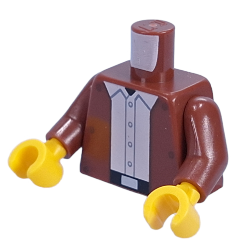 Torse, veste, chemise blanche, boutons, ceinture noire, boucle de ceinture argentée, trappe à l'arrière motif imprimé, bras brun rougeâtre, mains jaunes (Torso, Jacket, White Shirt, Buttons, Black Belt, Silver Belt Buckle, Hatch on Back Print, Reddish Brown Arms, Yellow Hands)