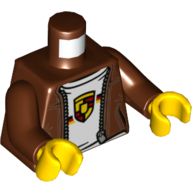 Visuel indicatif Rebrickable de Torse, veste, fermeture éclair, chemise blanche, porsche symbole/logo motif imprimé, bras brun rougeâtre, mains jaunes (Torso, Jacket, Zipper, White Shirt, Porsche Symbol/Logo Print, Reddish Brown Arms, Yellow Hands)