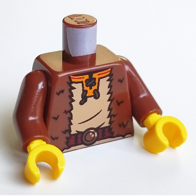 Visuel indicatif Rebrickable de Torse, Fourrure, motif : ceinture rouge foncé, bras brun rougeâtre, mains jaunes (Torso, Fur, Dark Red Belt Print, Reddish Brown Arms, Yellow Hands)