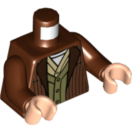 Torse, veste avec rayures rouge foncé, gilet vert olive, beige et blanc sous-vêtements motif imprimé, bras brun rougeâtre, mains nougat clair (Torso, Jacket with Dark Red Stripes, Olive Green Vest, Tan and White Undershirts Print, Reddish Brown Arms, Light Nougat Hands)