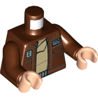 Torse, veste ouverte avec poches et insignes sur ceinture et chemise beige / coutures et ceinture à onglet dans le dos motif imprimé, bras brun rougeâtre, mains nougat clair (Torso, Open Jacket with Pockets and Badges over Belt and Tan Shirt / Seam Lines and Tabbed Waistband in Back Print, Reddish Brown Arms, Light Nougat Hands)
