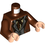 Torse, veste, gilet gris bleuté foncé, motif : écharpe brune, bras brun rougeâtre, mains nougat clair (Torso, Jacket, Dark Bluish Gray Vest, Brown Scarf Print, Reddish Brown Arms, Light Nougat Hands)