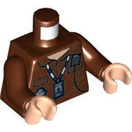 Torse, chemise avec poches, radio, badge id sur lanière et logo jurassique monde imprimé, bras brun rougeâtre, mains nougat clair (Torso, Shirt with Pockets, Radio, ID Badge on Lanyard, and Jurassic World Logo Print, Reddish Brown Arms, Light Nougat Hands)