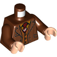 Torse, Veste à rayures, gilet orange foncé, motif : cravate rouge foncé avec inscription 'W', bras brun rougeâtre, mains nougat clair (Torso, Jacket with Pinstripes, Dark Orange Vest, Dark Red Tie with 'W' Print, Reddish Brown Arms, Light Nougat Hands)